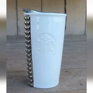 STARBUCKS 2014 White Ceramic Silver Studded Travel Tumbler Coffee Mug w Lid 10oz